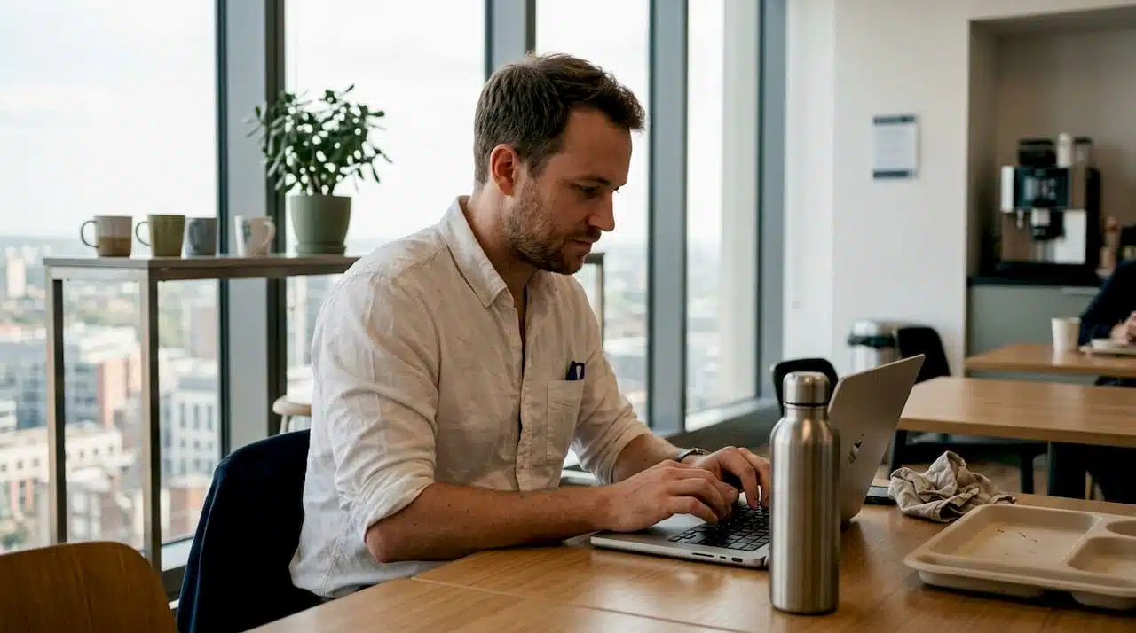 Un salarié se sert de sa gourde en inox pendant sa pause dans l’espace détente.