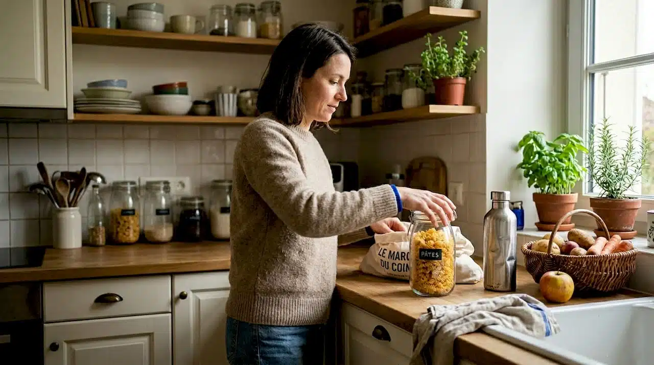 Une cuisine bien rangée, où le plastique ne s’invite pas à la vue.