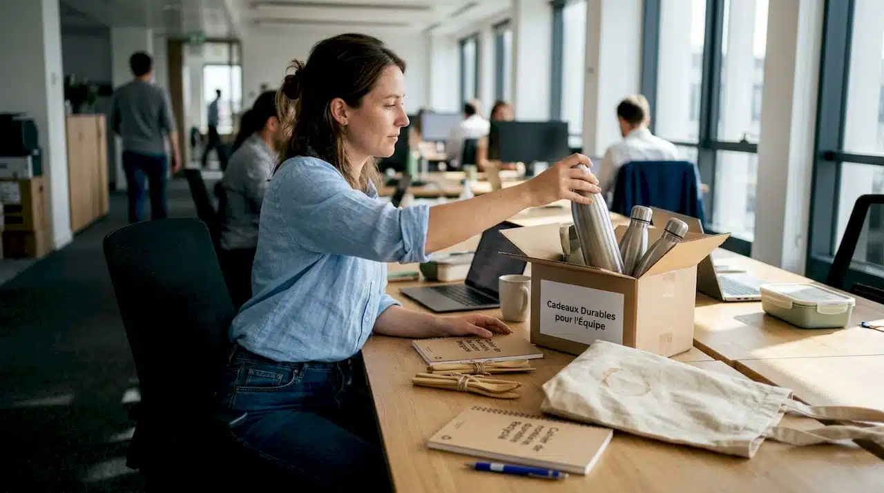 Un salarié découvre les cadeaux écoresponsables offerts par l’entreprise