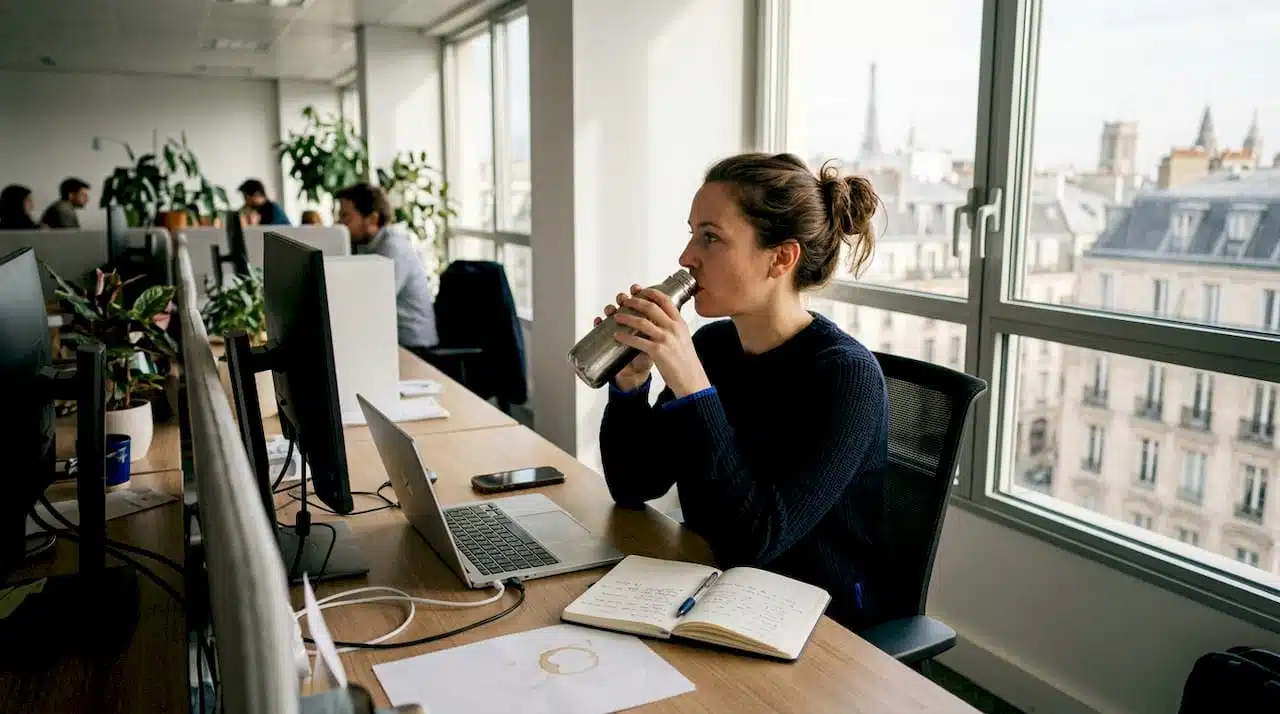 Une femme hydrate pendant sa journée de travail en open space, une gourde à la main.