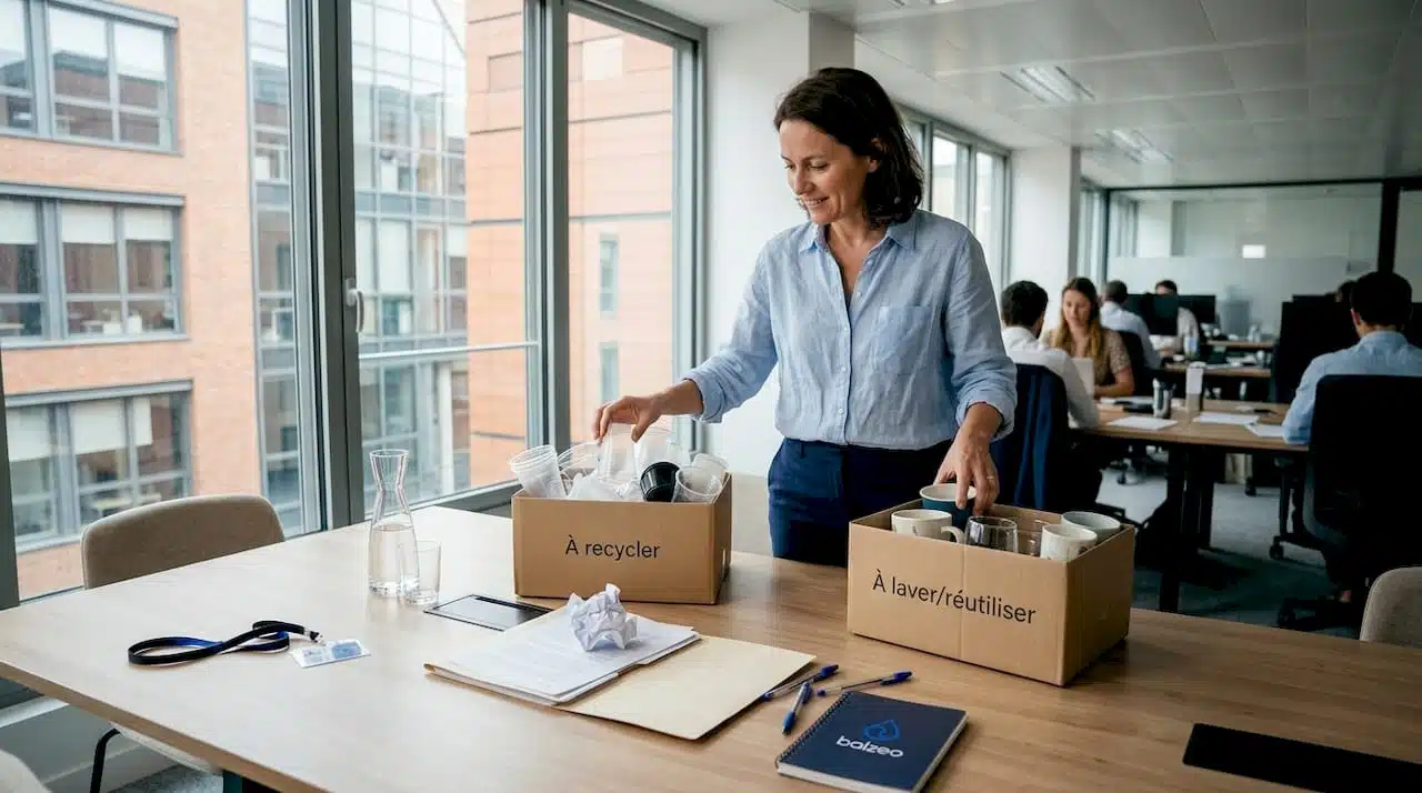 Une responsable s'occupe de trier les gobelets en plastique et les tasses réutilisables pour optimiser le recyclage et encourager des habitudes plus durables.
