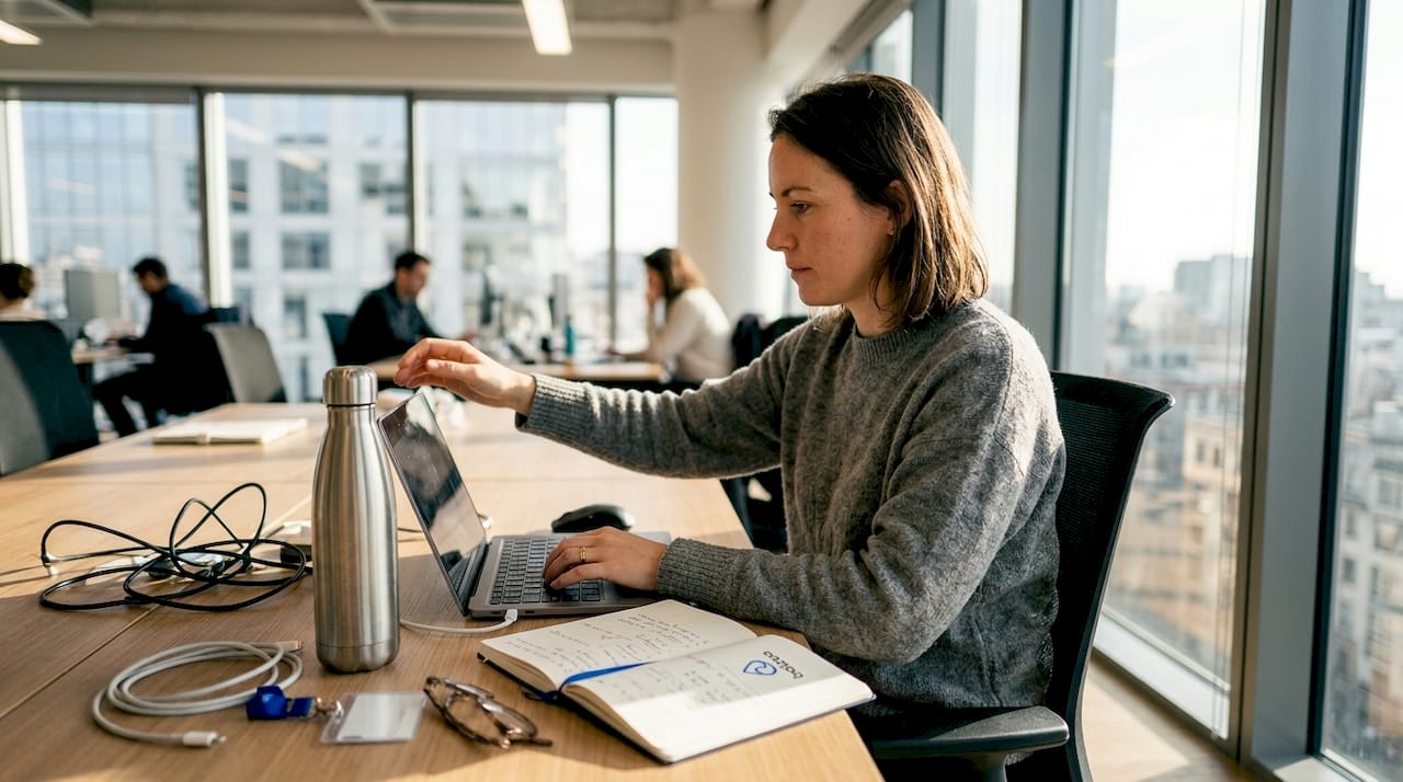 Une salariée sirote son café bien chaud grâce à sa bouteille isotherme, tout en travaillant à son bureau.