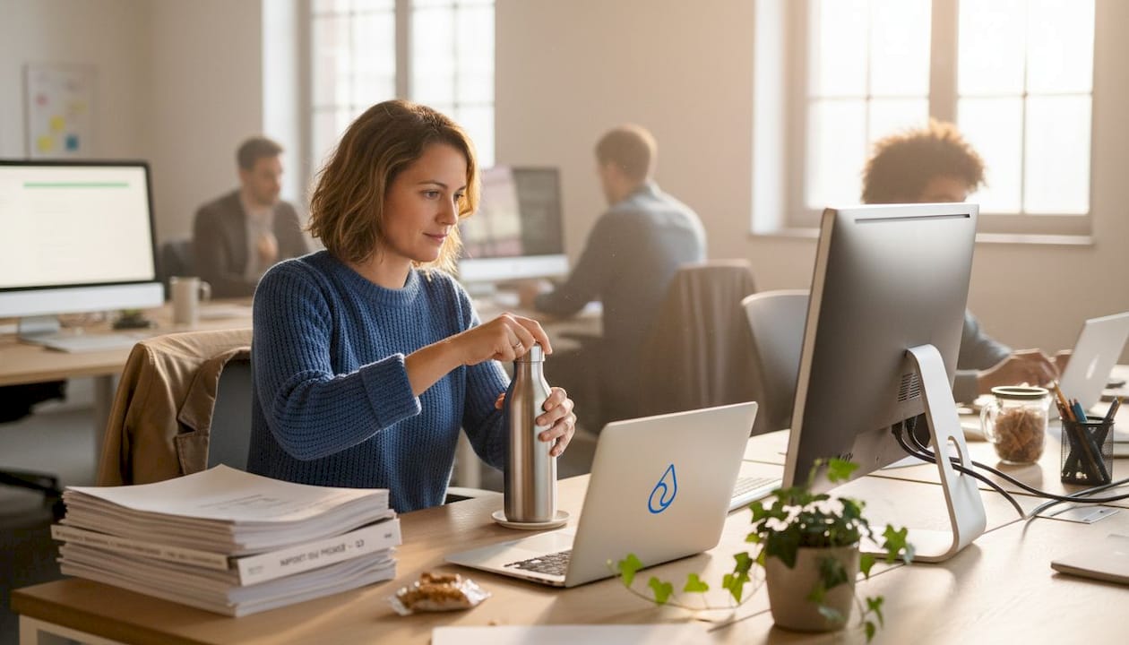 Un collaborateur garde sa gourde en inox à portée de main sur son bureau.