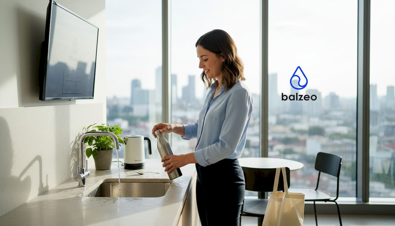 Un collaborateur remplit sa gourde réutilisable à la kitchenette de l’entreprise.