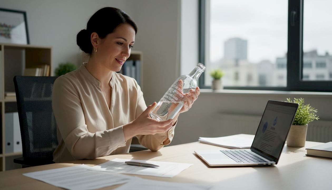 Une femme observe attentivement une bouteille gravée posée sur son bureau.