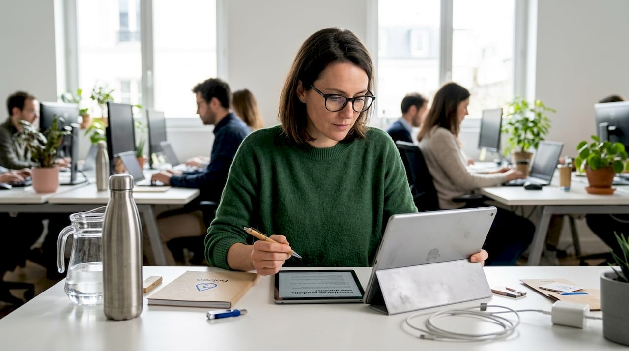 Une salariée passe en revue les produits écoresponsables présents sur son lieu de travail et compare leurs avantages.