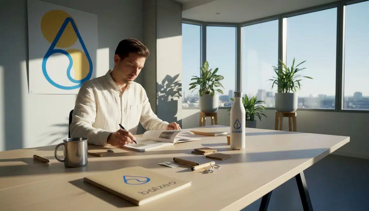 Un responsable passe en revue des goodies éco-responsables, sans plastique, directement à son bureau.