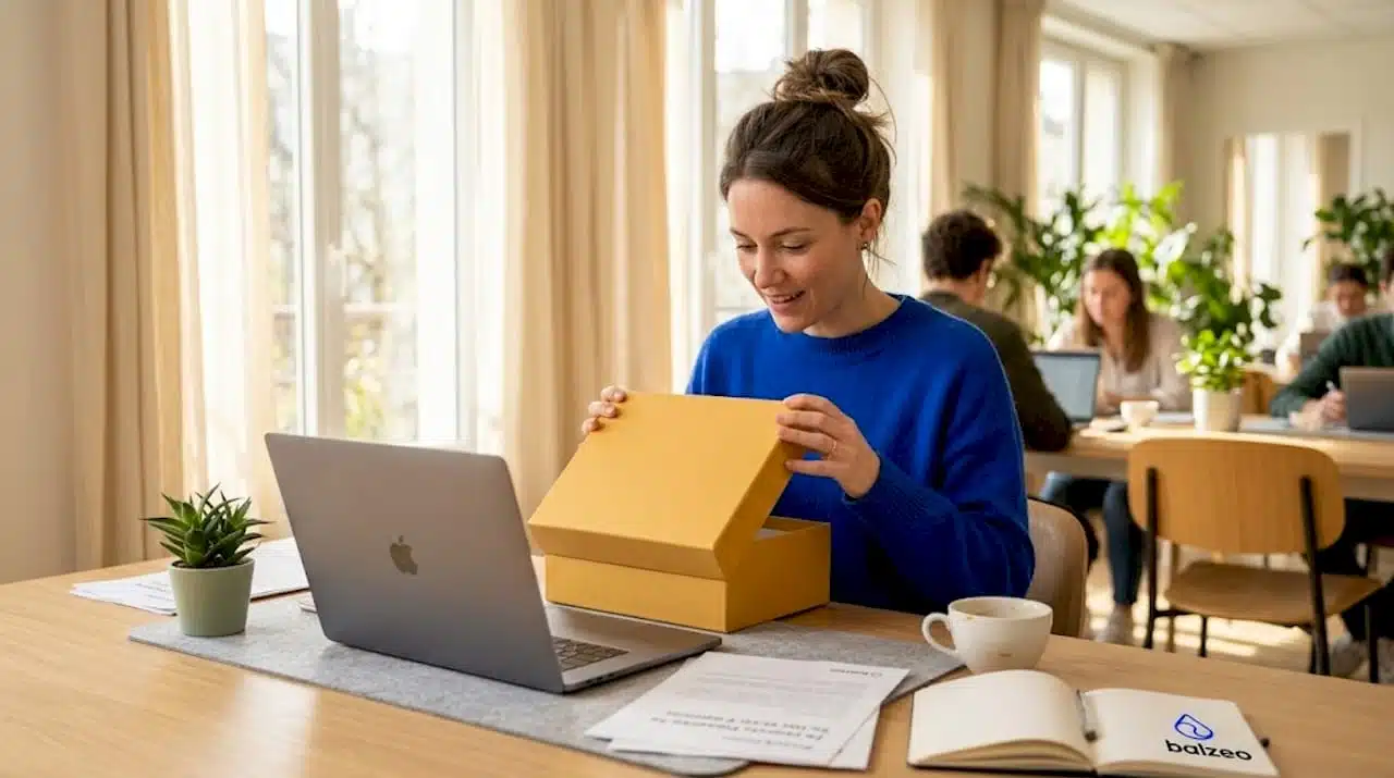 Une femme découvre un cadeau personnalisé sur son lieu de travail.