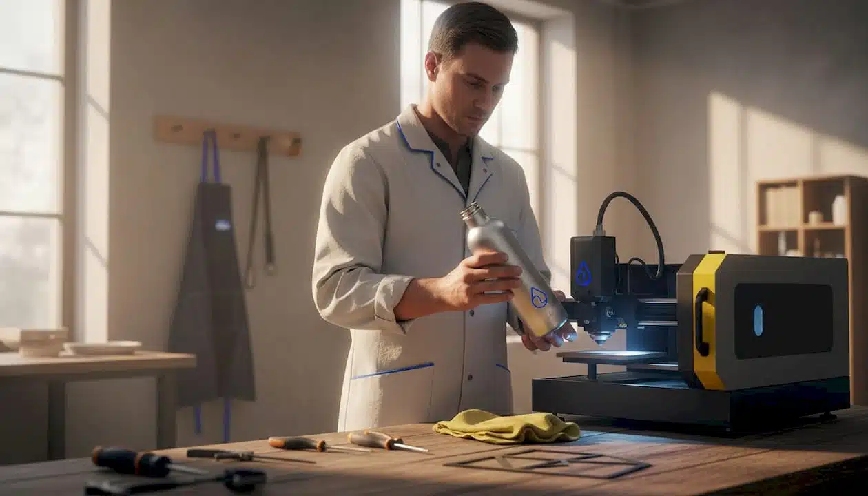 Un technicien ajuste les paramètres de la machine pour réaliser une gravure laser sur une gourde en acier inoxydable.