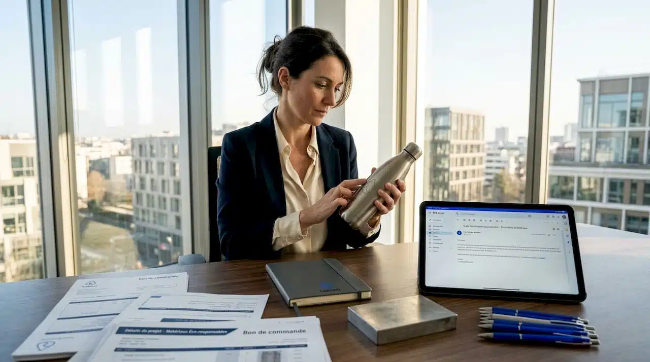 Une collaboratrice examine attentivement la gravure apposée sur une bouteille, directement depuis son bureau en entreprise.