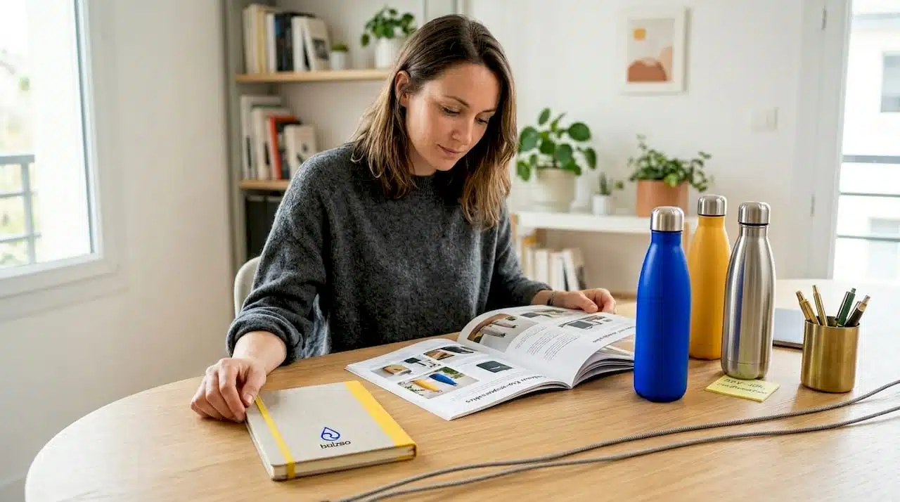 Une femme en train de sélectionner des cadeaux de bureau personnalisés