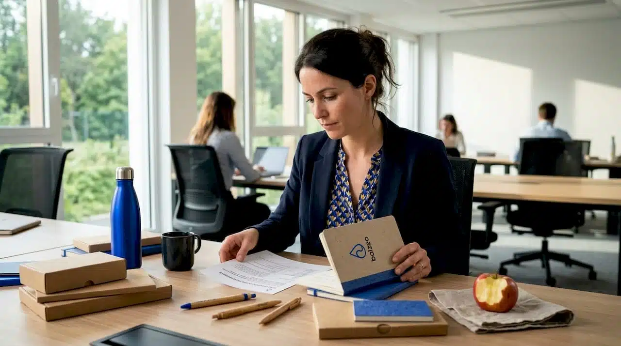 Une femme en train de trier des échantillons de goodies écologiques pour une opération de communication.