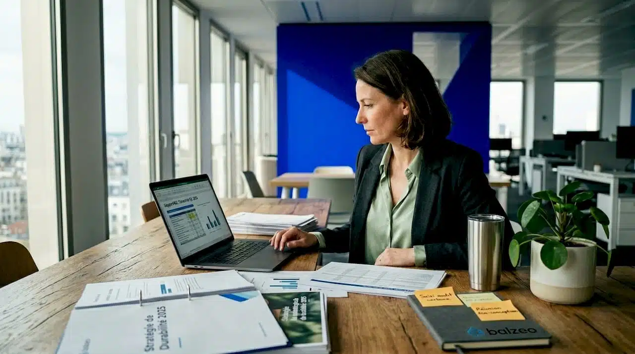 Une responsable RSE en pleine préparation du rapport de développement durable dans son bureau.