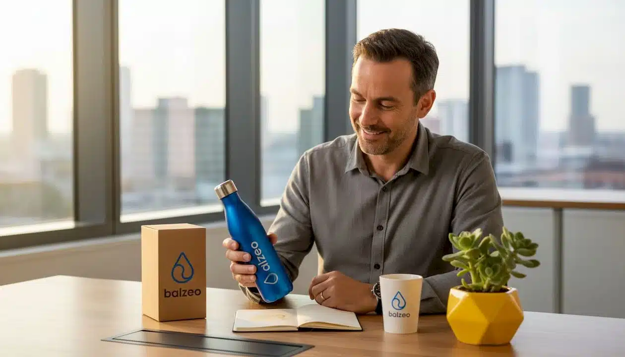 Un manager découvre sa nouvelle gourde personnalisée en l’essayant directement à son bureau.