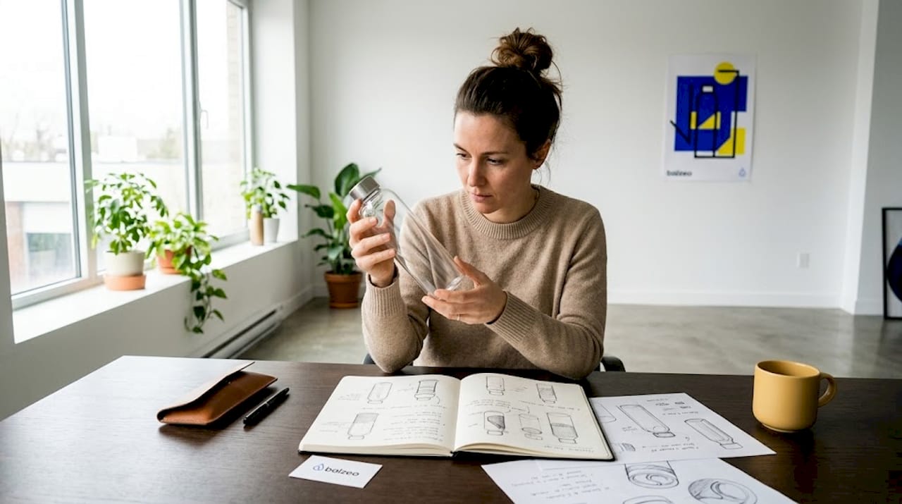 Un designer passe en revue une gourde isotherme en acier inoxydable afin d’en évaluer le design et la qualité.