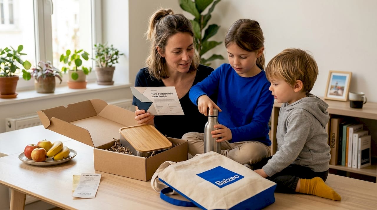 Une famille découvre des cadeaux sans BPA autour d’un moment convivial.