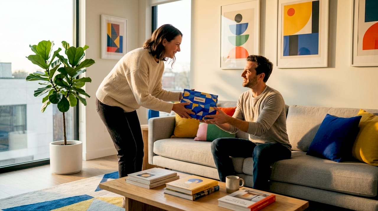 Dans un salon baigné de lumière, chacun offre un cadeau personnalisé, créant un moment chaleureux et unique.
