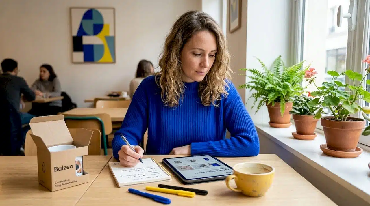 Installée à sa table de cuisine, une femme explore des idées de cadeaux personnalisés sur son ordinateur, à la recherche de surprises originales pour ses proches.