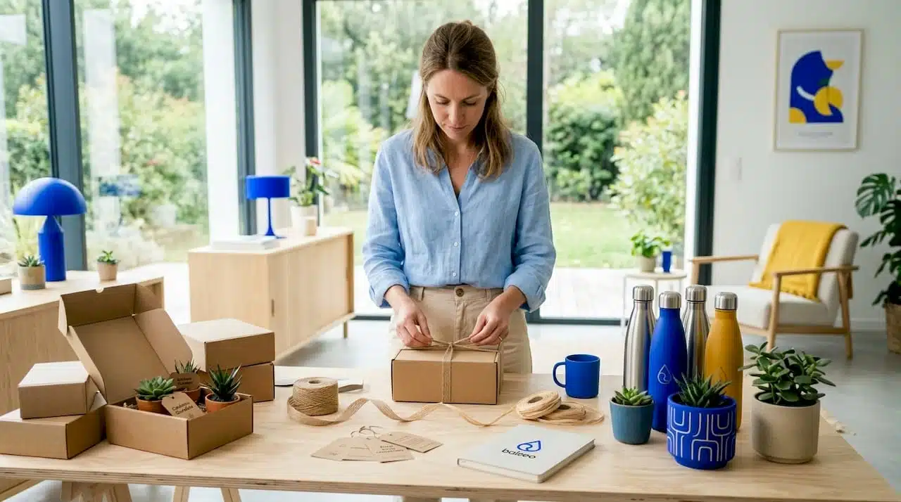 Une femme s’affaire à composer des cadeaux d’entreprise écoresponsables sur une table, en veillant à chaque détail pour allier plaisir d’offrir et respect de l’environnement.