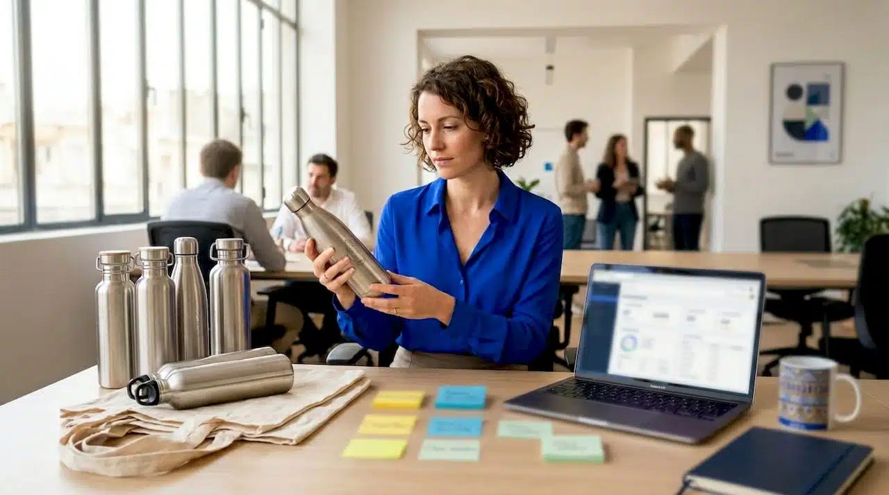 Responsable marketing en train d’analyser une sélection d’objets publicitaires écoresponsables.