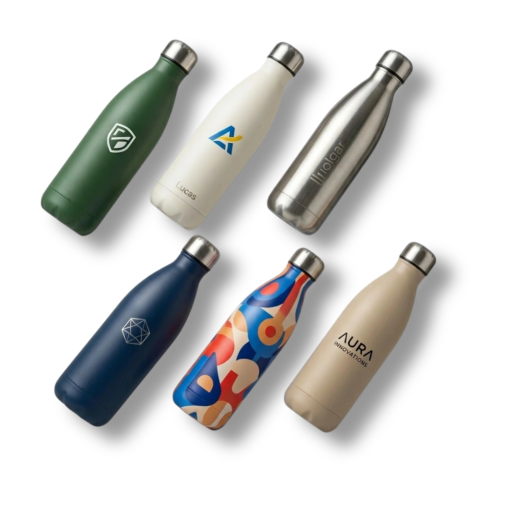 Gourdes isothermes personnalisées pour entreprises avec logos, gravure laser et impression 360 degrés – exemple de personnalisation corporate Balzeo