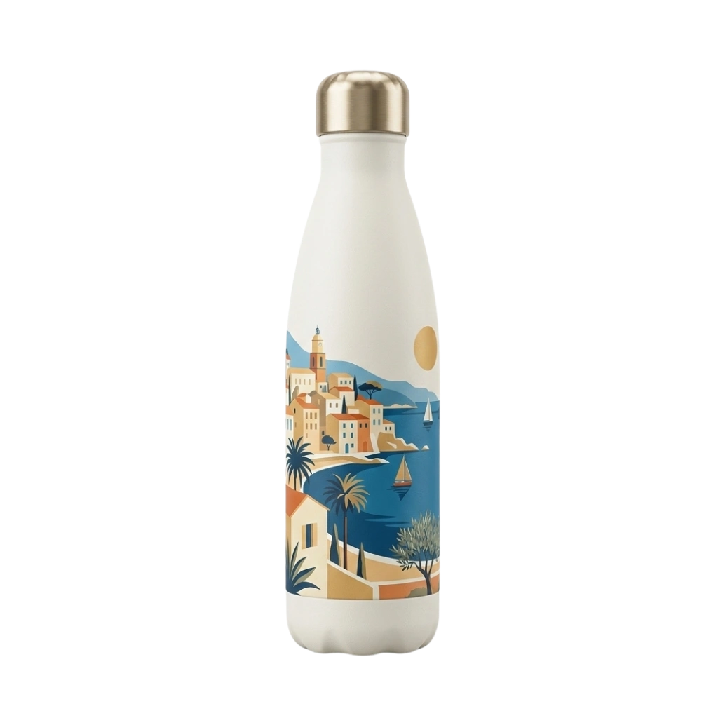 Rendu 3D d'une bouteille isotherme blanche cassé avec bouchon doré et illustration d'un village méditerranéen avec mer, voiliers et palmiers