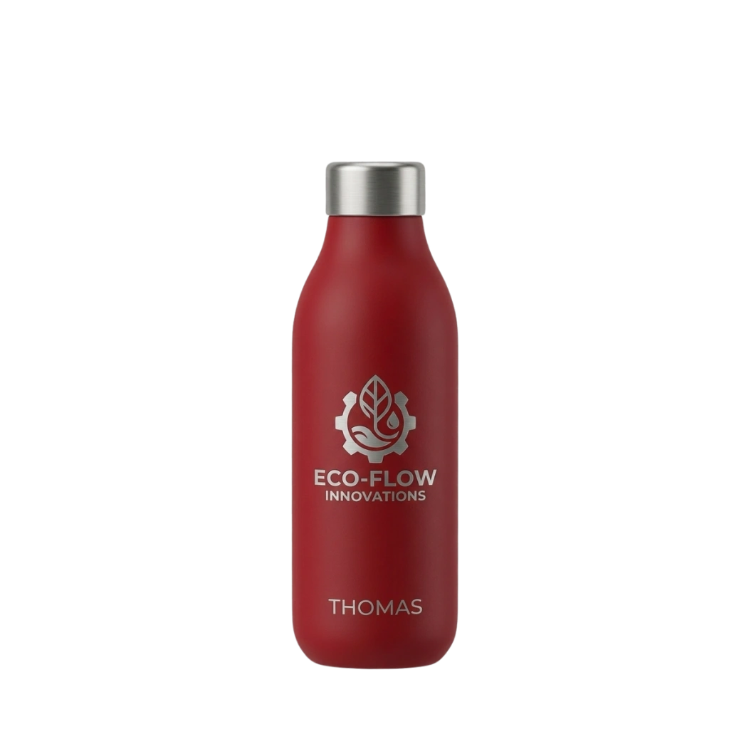 Rendu 3D d'une bouteille isotherme compacte rouge mat avec bouchon inox, logo Eco-Flow Innovations et prénom "Thomas" gravés en argent