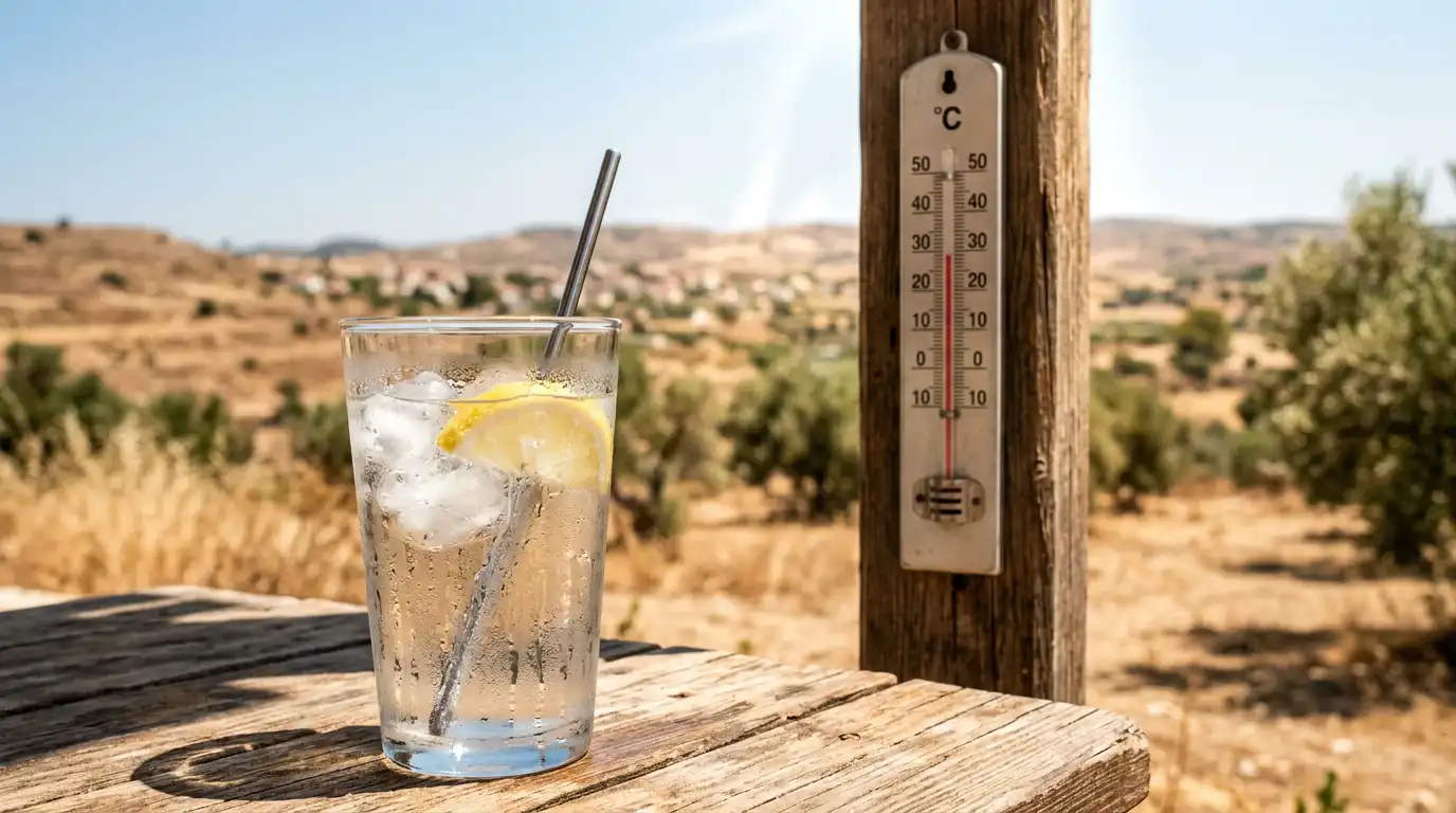 Combien d'eau boire par jour ? Le guide canicule 2026 2 Canicule 2026 et hydratation : thermomètre au-dessus de 38 degrés et verre d'eau fraîche