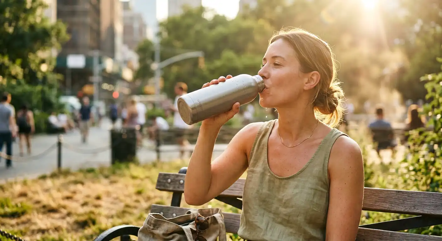 Combien d'eau boire par jour en période de canicule : femme se désaltérant avec une gourde isotherme sous la chaleur estivale