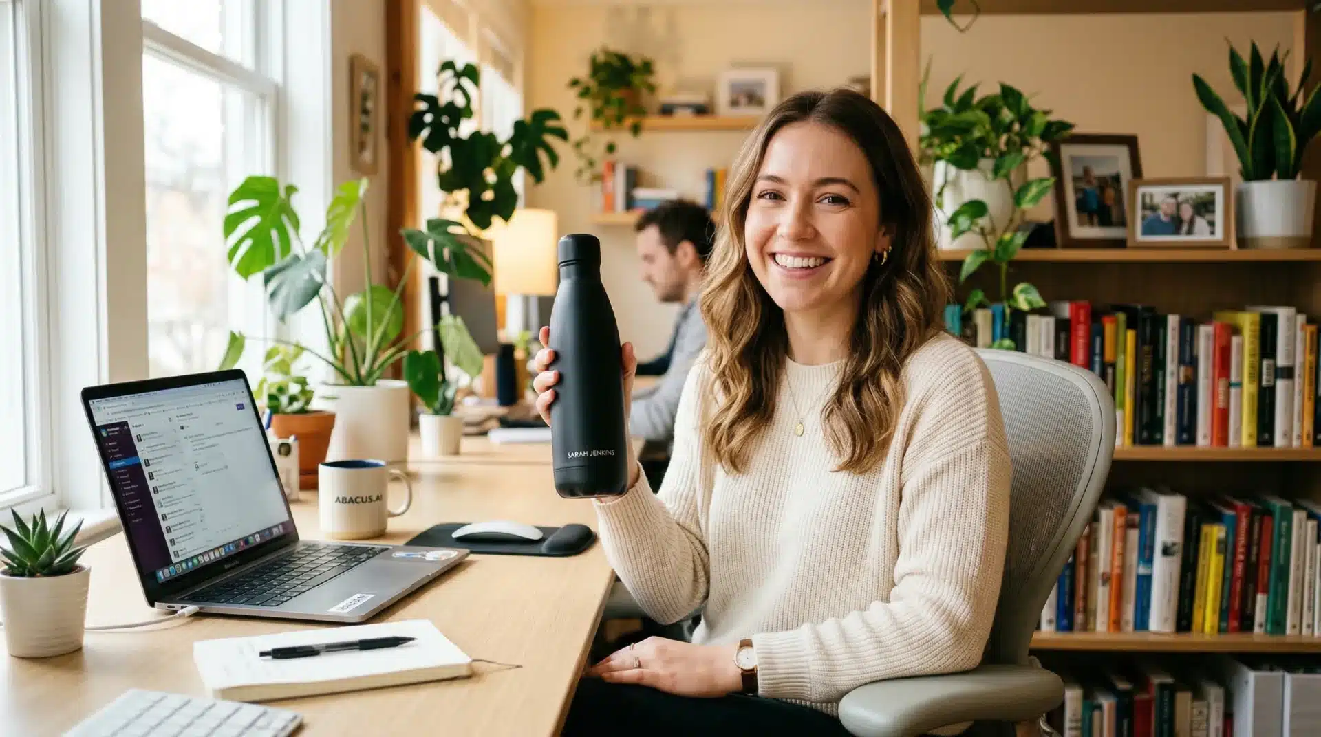 Fidéliser ses collaborateurs avec de petites attentions 3 Collaboratrice souriante tenant une gourde Balzeo personnalisée à son prénom devant son ordinateur : employee advocacy et marque employeur