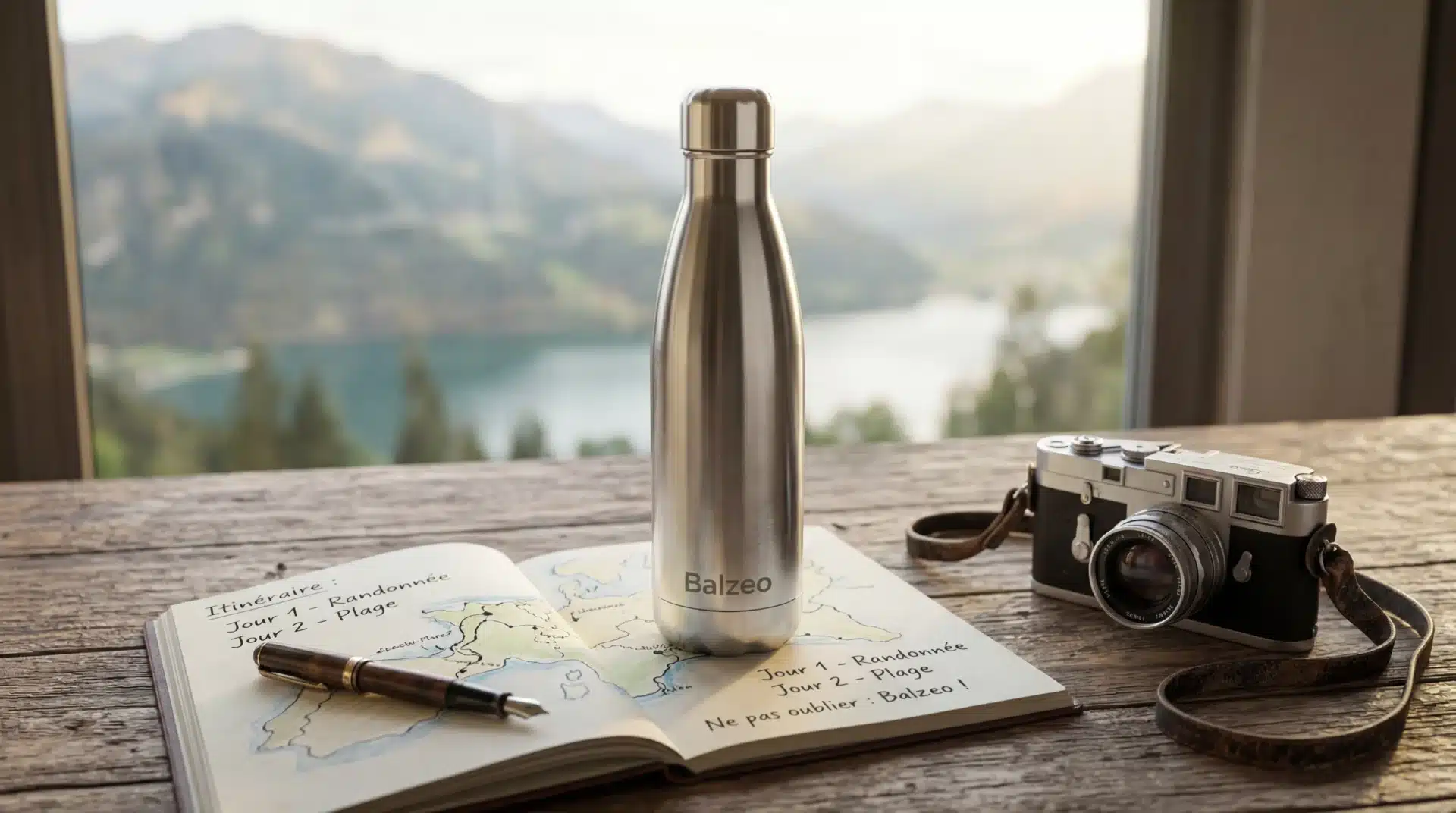 Pourquoi une bouteille isotherme est indispensable en voyage 5 Bouteille isotherme Balzeo posée sur un carnet de voyage avec un appareil photo argentique dans une ambiance d’aventure et d’exploration