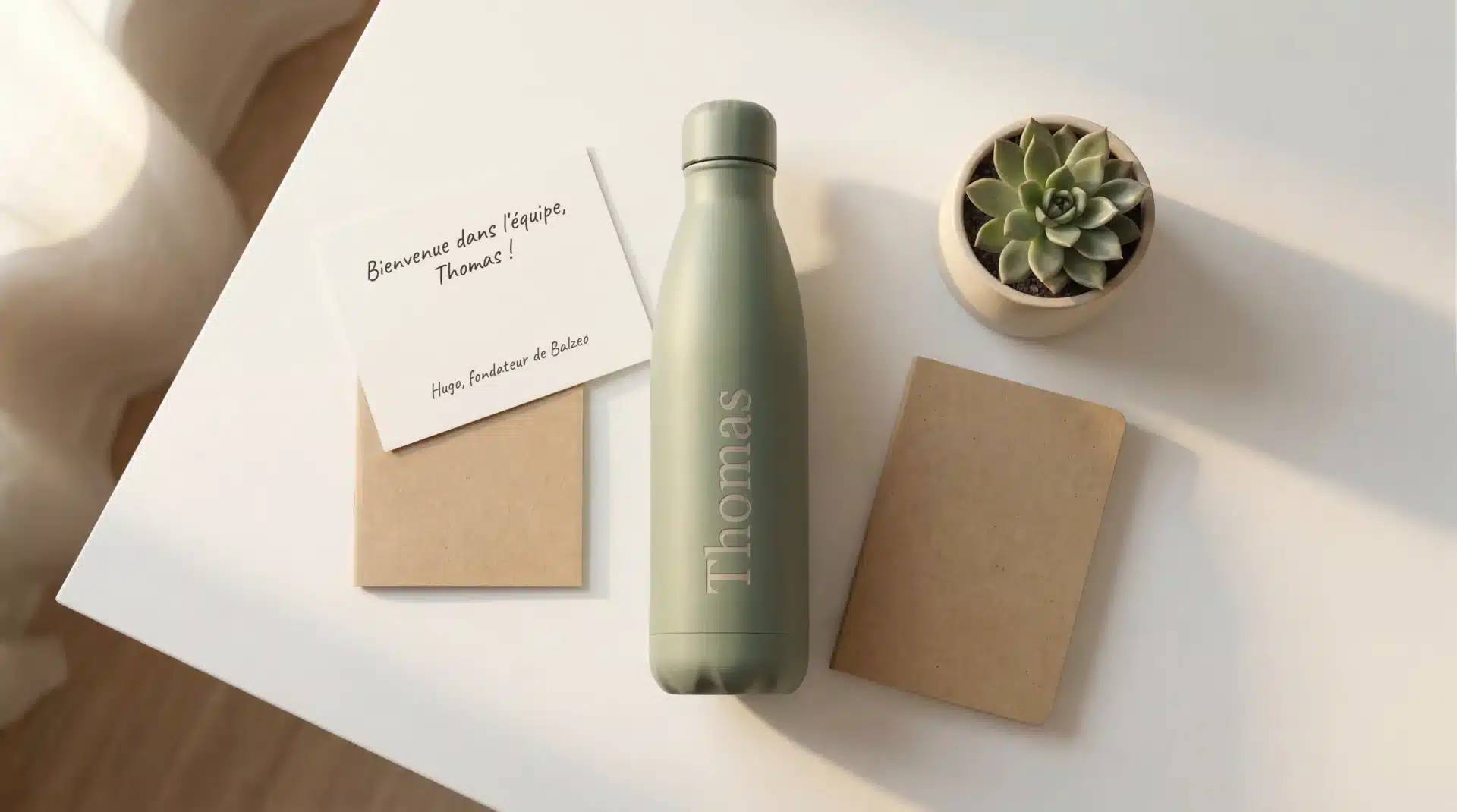 Fidéliser ses collaborateurs avec de petites attentions 2 Kit d'onboarding collaborateur avec gourde isotherme Balzeo gravée au prénom Thomas, carnet et carte de bienvenue manuscrite