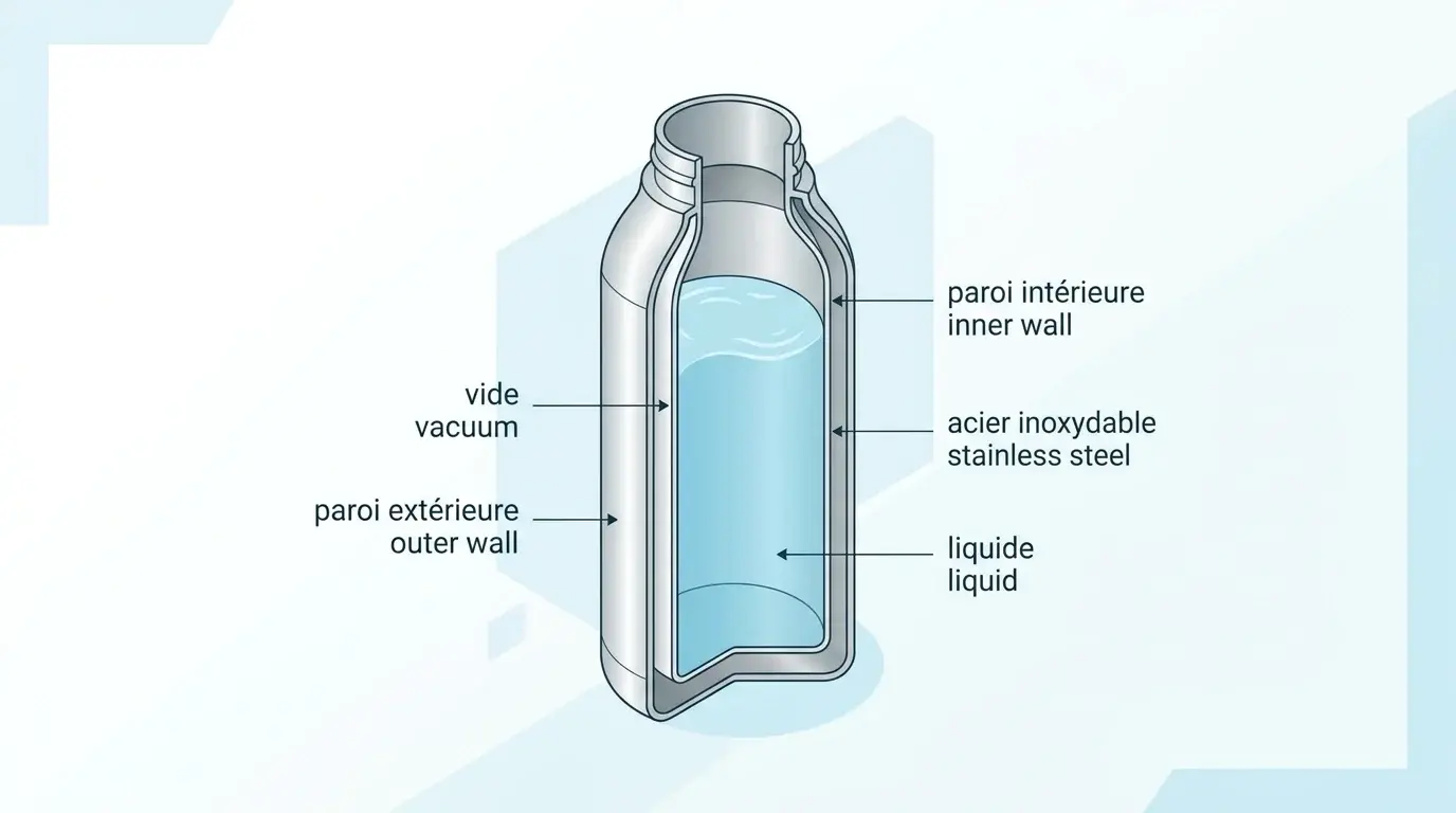 Combien de temps une bouteille isotherme garde-t-elle vraiment le froid et le chaud ? (Guide complet 2026) 2 schéma coupe gourde isotherme double paroi vide acier inoxydable