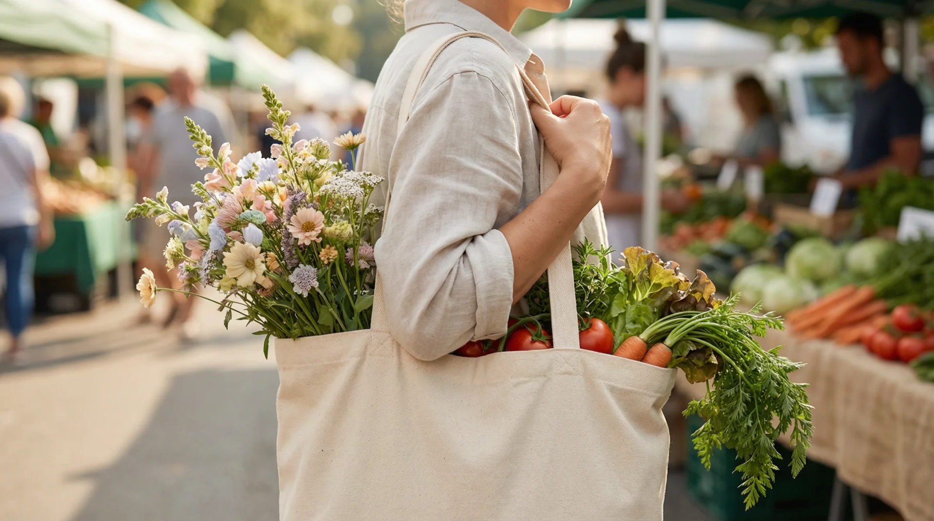 Top 10 des cadeaux écologiques utiles et durables 2 Un tote bag en toile épaisse porté à l'épaule, rempli de fleurs fraîches et de légumes du marché, illustrant un mode de vie actif et sain
