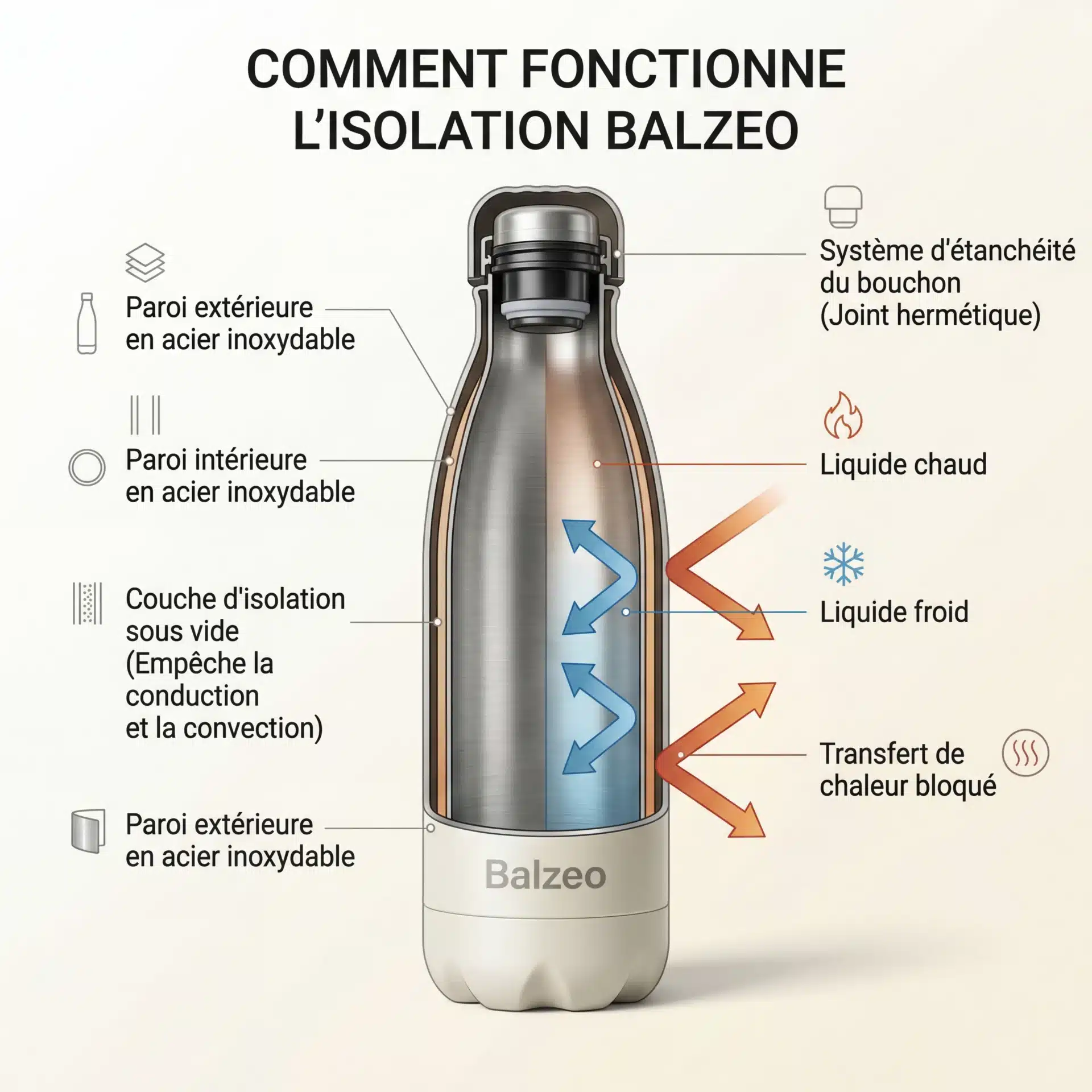 Pourquoi une bouteille isotherme est indispensable en voyage 2 Schéma technique en coupe d’une bouteille isotherme Balzeo montrant la double paroi en acier inoxydable et l’isolation sous vide bloquant la chaleur et le froid