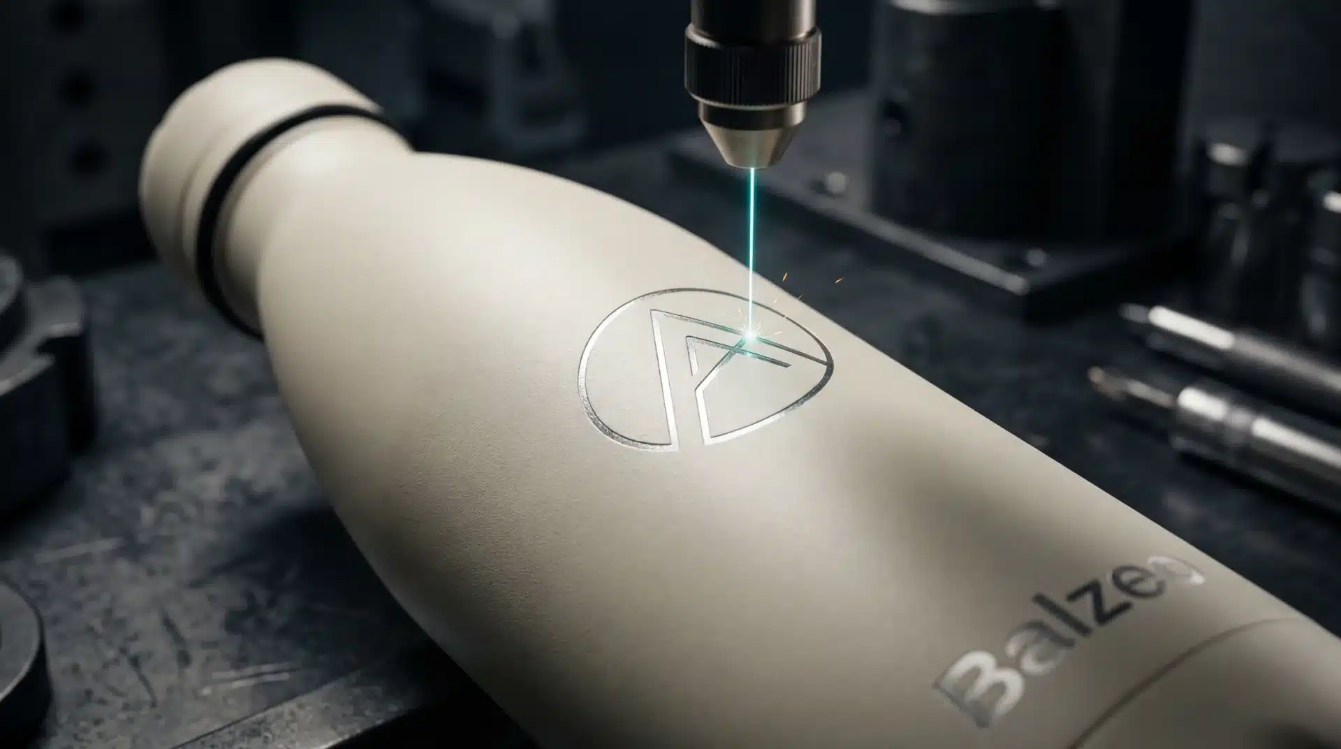 Gourde personnalisée logo entreprise : délais, prix, minimum de commande 1 Gravure laser d'un logo entreprise sur bouteille isotherme Balzeo