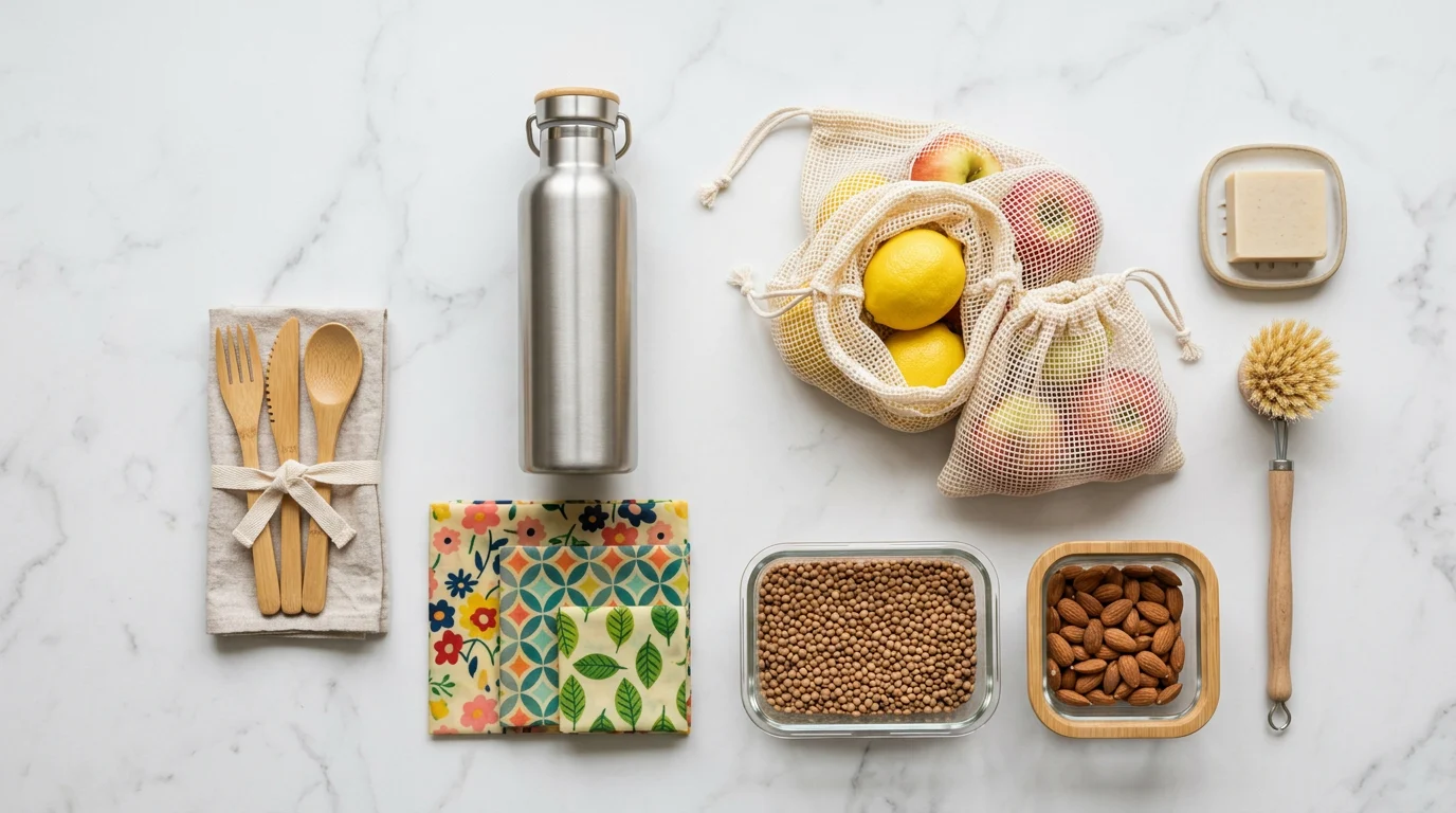 Zéro déchet : 10 astuces simples pour commencer 4 Alternatives écologiques au plastique : gourde inox, couverts bambou, emballages cire d'abeille et contenants en verre