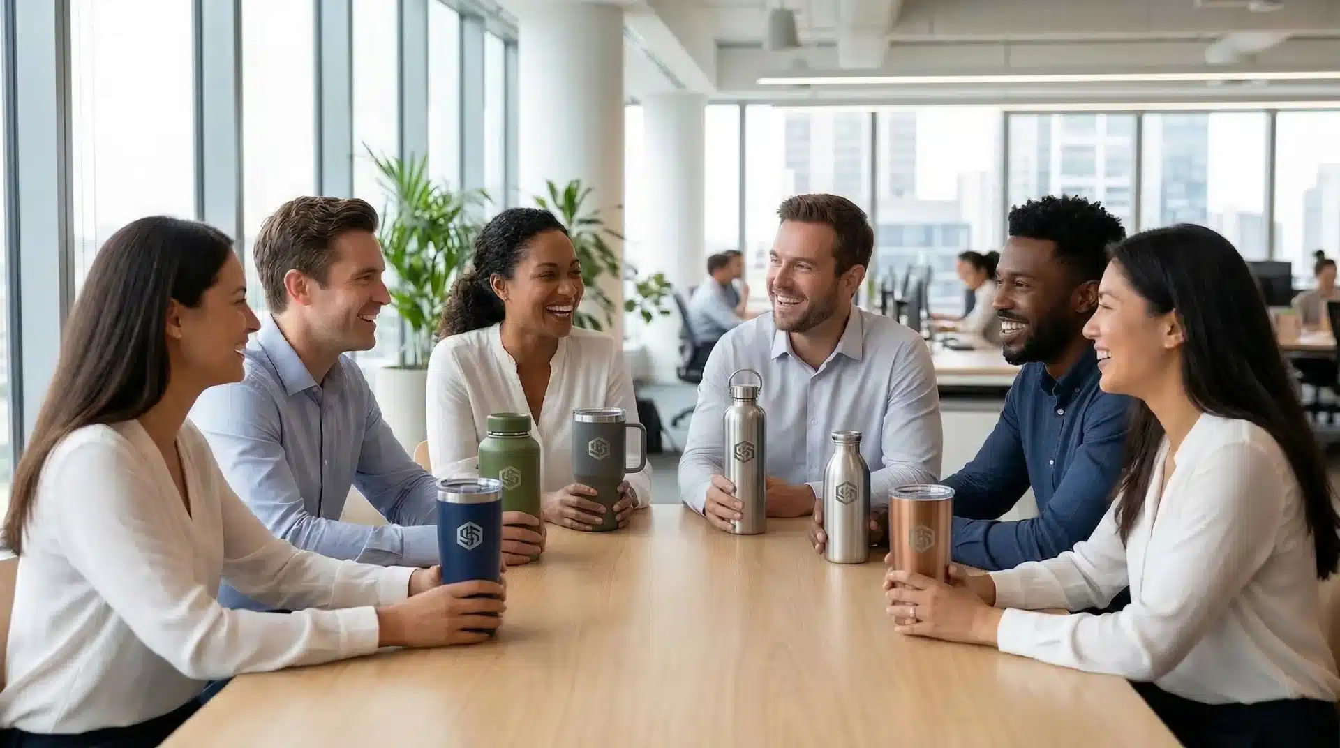 Gourde personnalisée logo entreprise : délais, prix, minimum de commande 3 Équipe en réunion avec gourdes personnalisées Balzeo, marque employeur