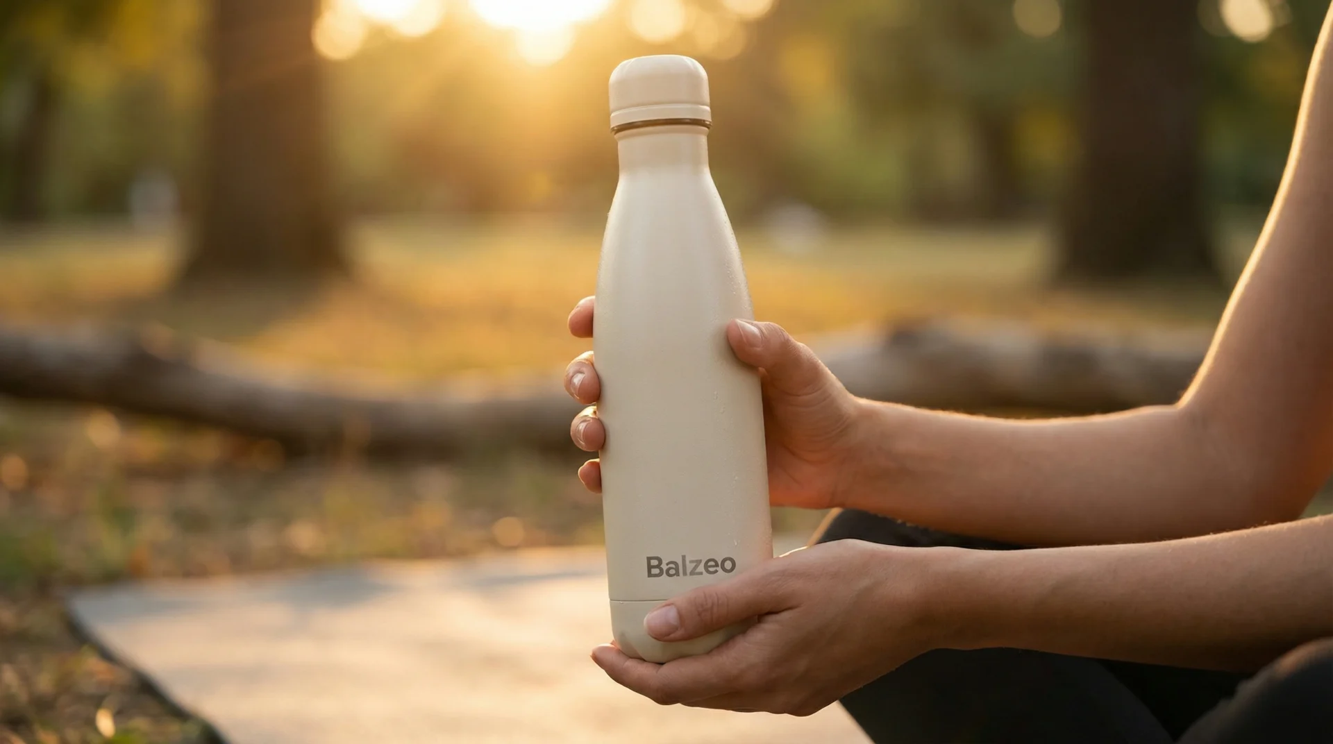 Top 10 des cadeaux écologiques utiles et durables 1 Une personne tenant une bouteille isotherme moderne lors d'une séance de yoga en extérieur