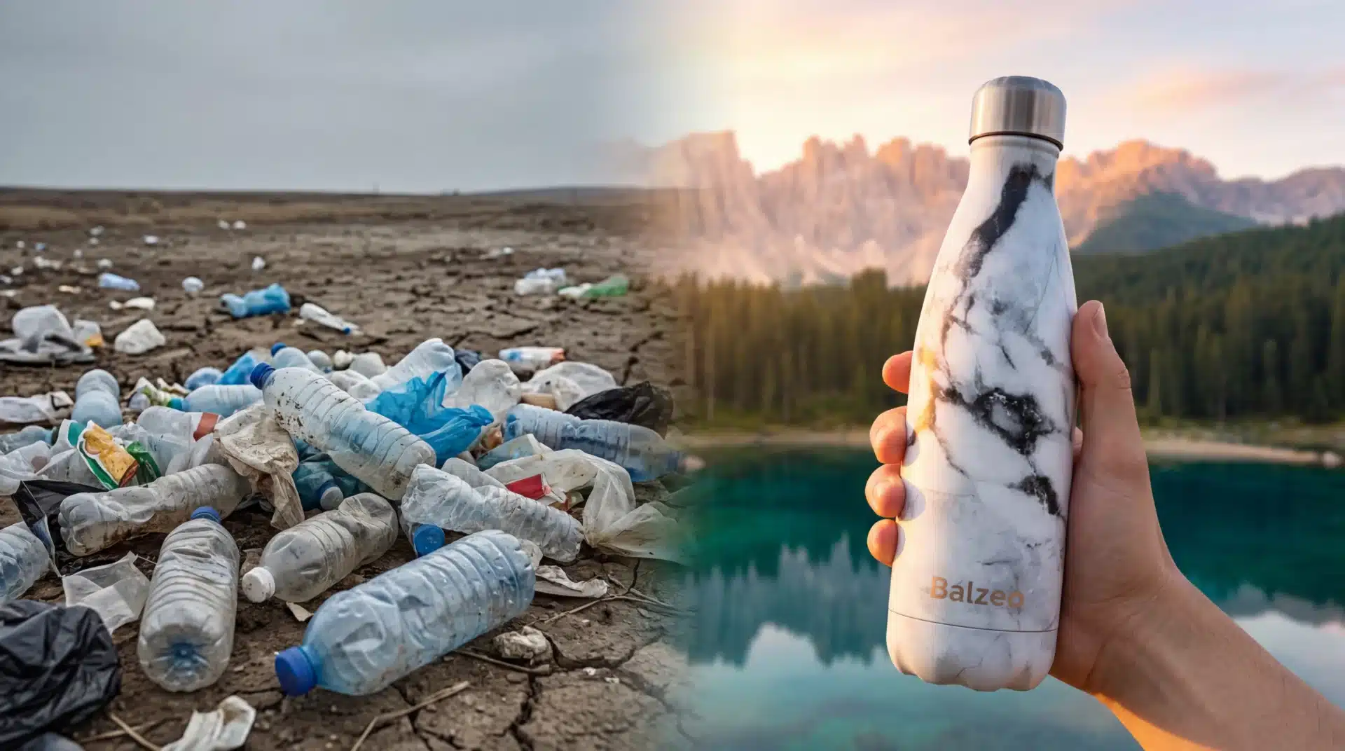Pourquoi une bouteille isotherme est indispensable en voyage 3 Contraste écologique entre des bouteilles plastiques abandonnées dans la nature et une gourde inox Balzeo tenue devant un paysage naturel préservé
