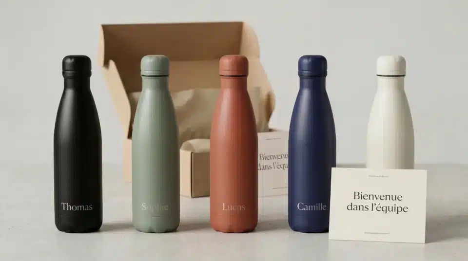 Top idées cadeaux éco-friendly pour entreprises : guide 2026 2 Gamme de cinq gourdes isothermes Balzeo en différentes couleurs, chacune gravée au prénom d'un collaborateur : cadeaux d'entreprise personnalisés