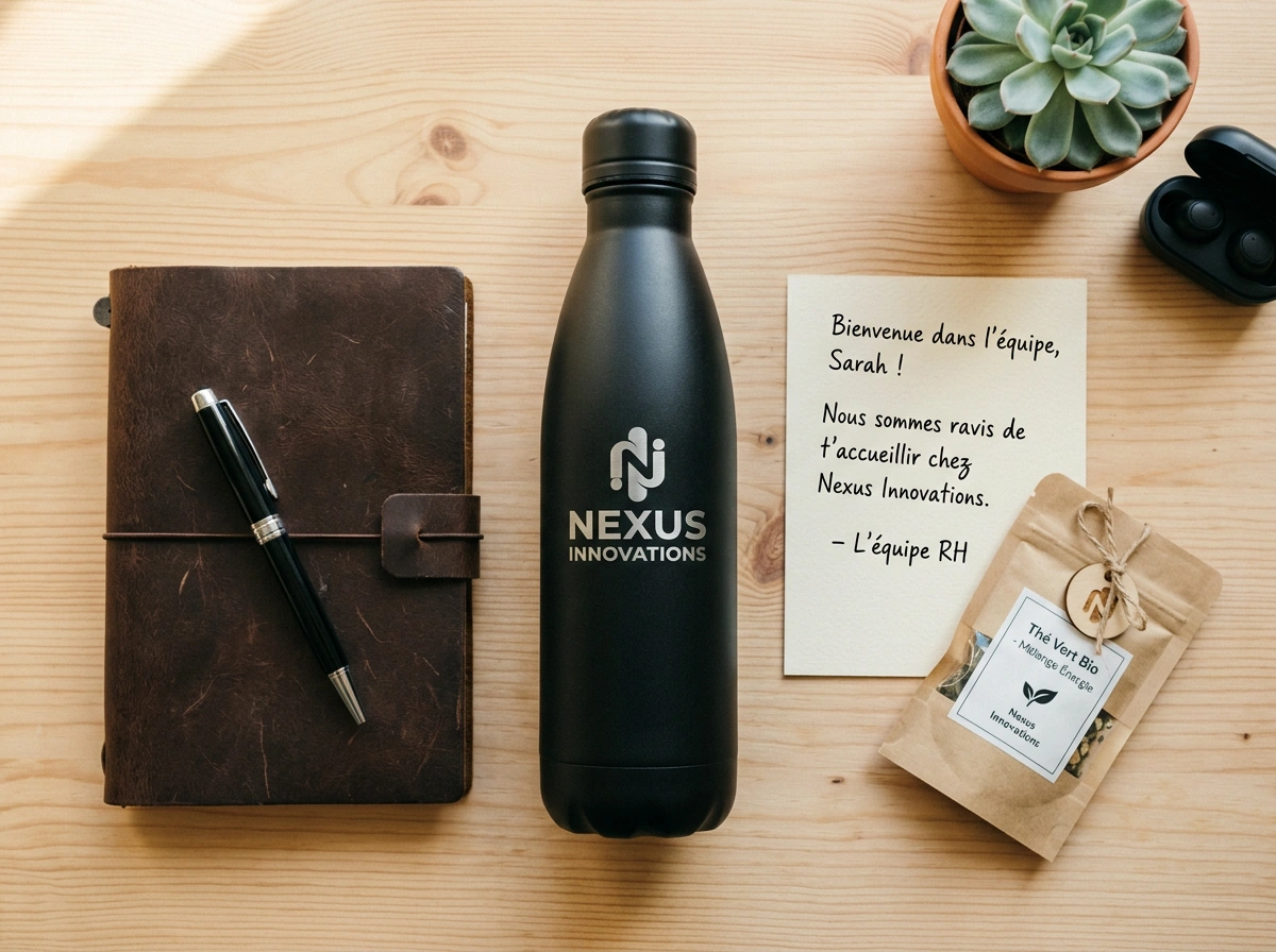 Gourde personnalisée entreprise : le guide complet 2026 4 Welcome kit onboarding entreprise avec gourde isotherme personnalisée Balzeo noire, carnet en cuir et carte de bienvenue sur fond bois clair