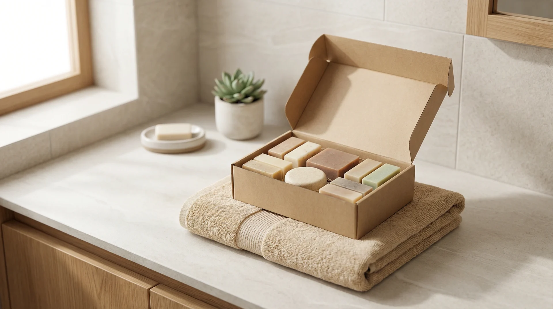 Top 10 des cadeaux écologiques utiles et durables 3 Un coffret cadeau contenant un assortiment de savons artisanaux et un shampoing solide, posé sur une serviette en bambou, dans un décor de salle de bain zen.