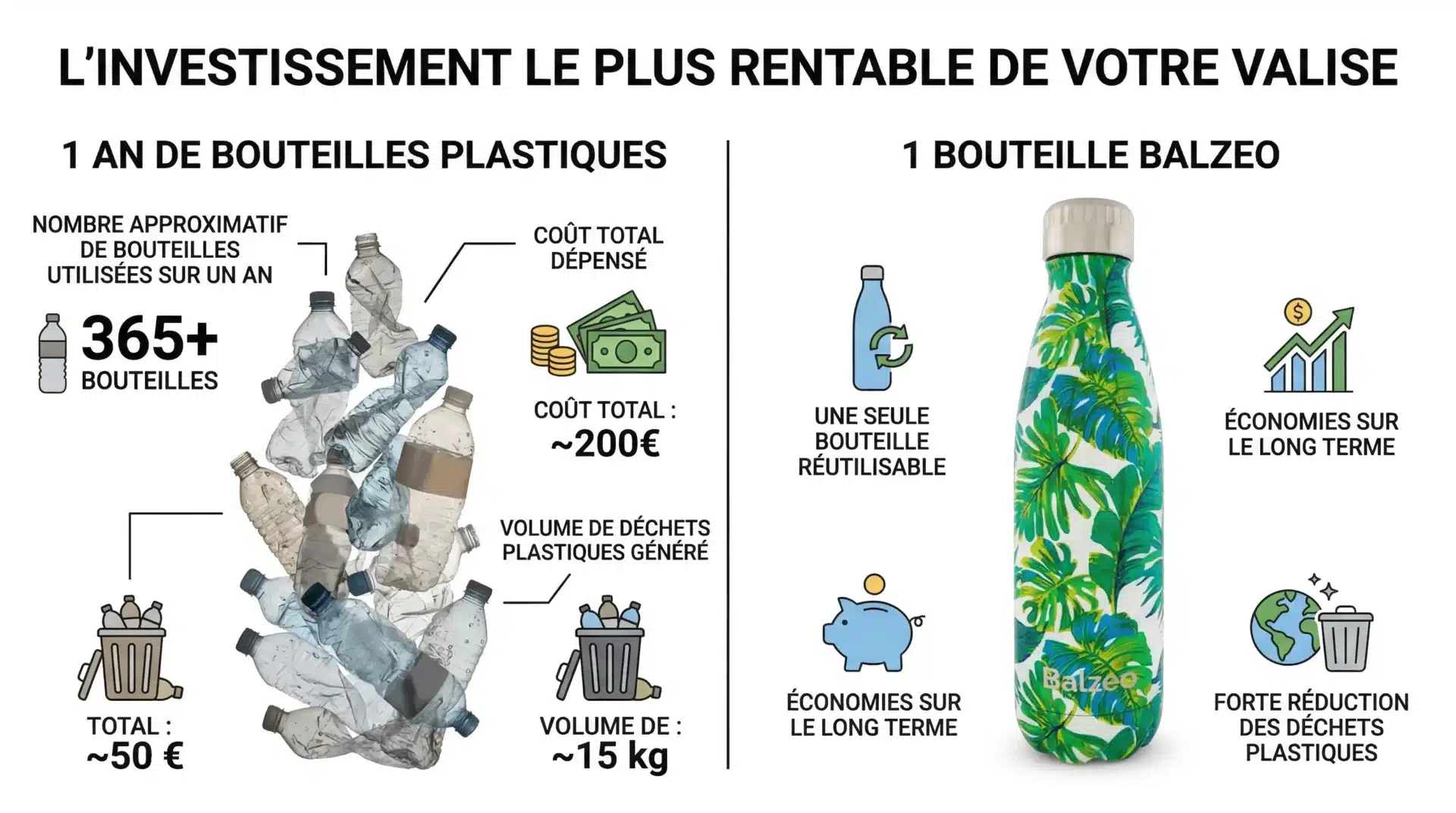 Pourquoi une bouteille isotherme est indispensable en voyage 4 Infographie comparant un an de bouteilles plastiques jetables avec une bouteille isotherme Balzeo réutilisable
