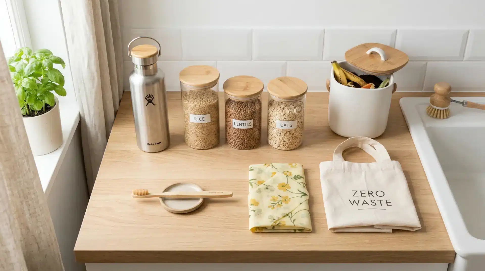 Zéro déchet : 10 astuces simples pour commencer 1 Objets zéro déchet du quotidien sur un plan de travail : gourde inox, bocaux en verre, brosse à dents bambou et sac en coton