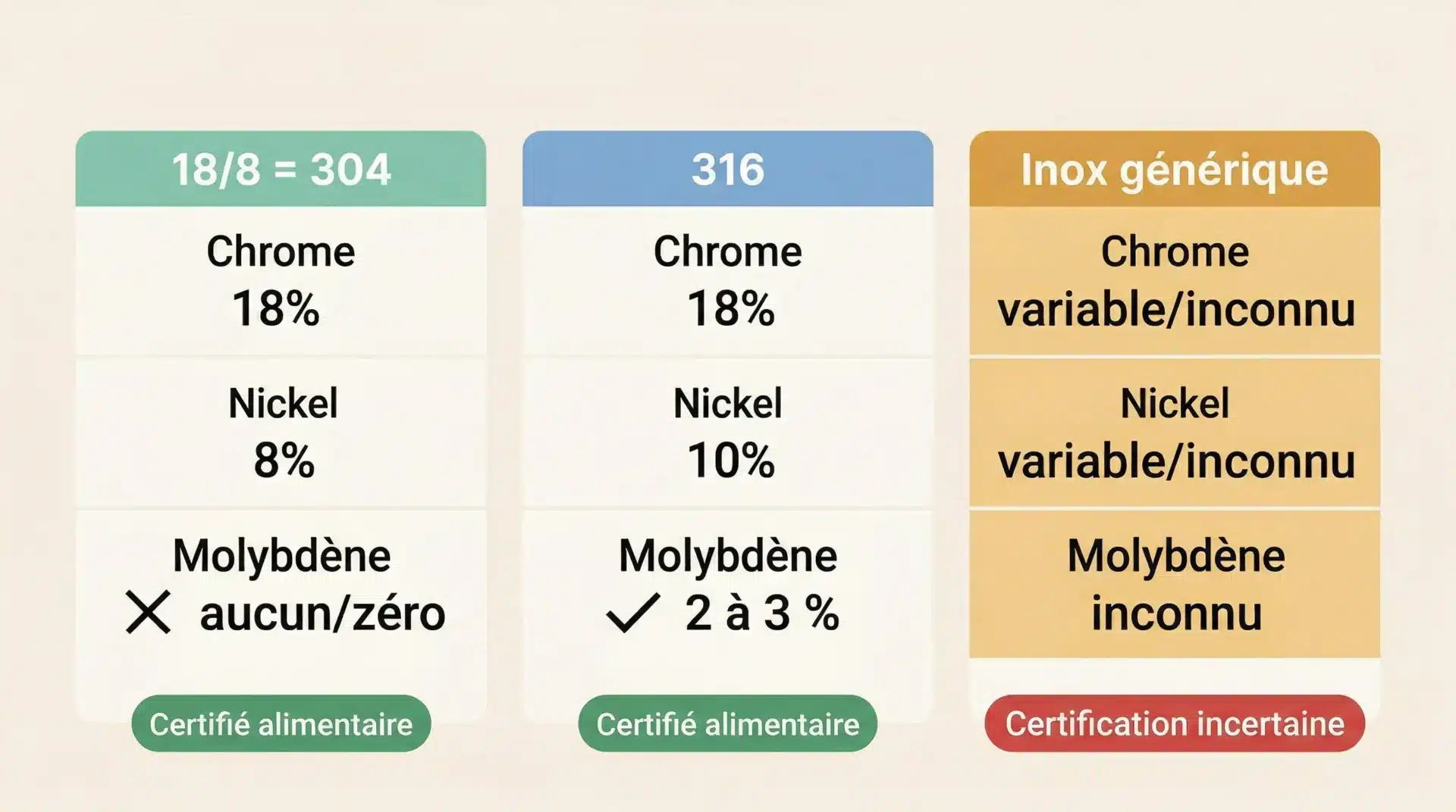 Gourde inox alimentaire : acier 18/8, 304 ou 316, le guide essentiel pour bien choisir 2 tableau comparatif gourde inox alimentaire 18/8 304 316 composition chrome nickel molybdène