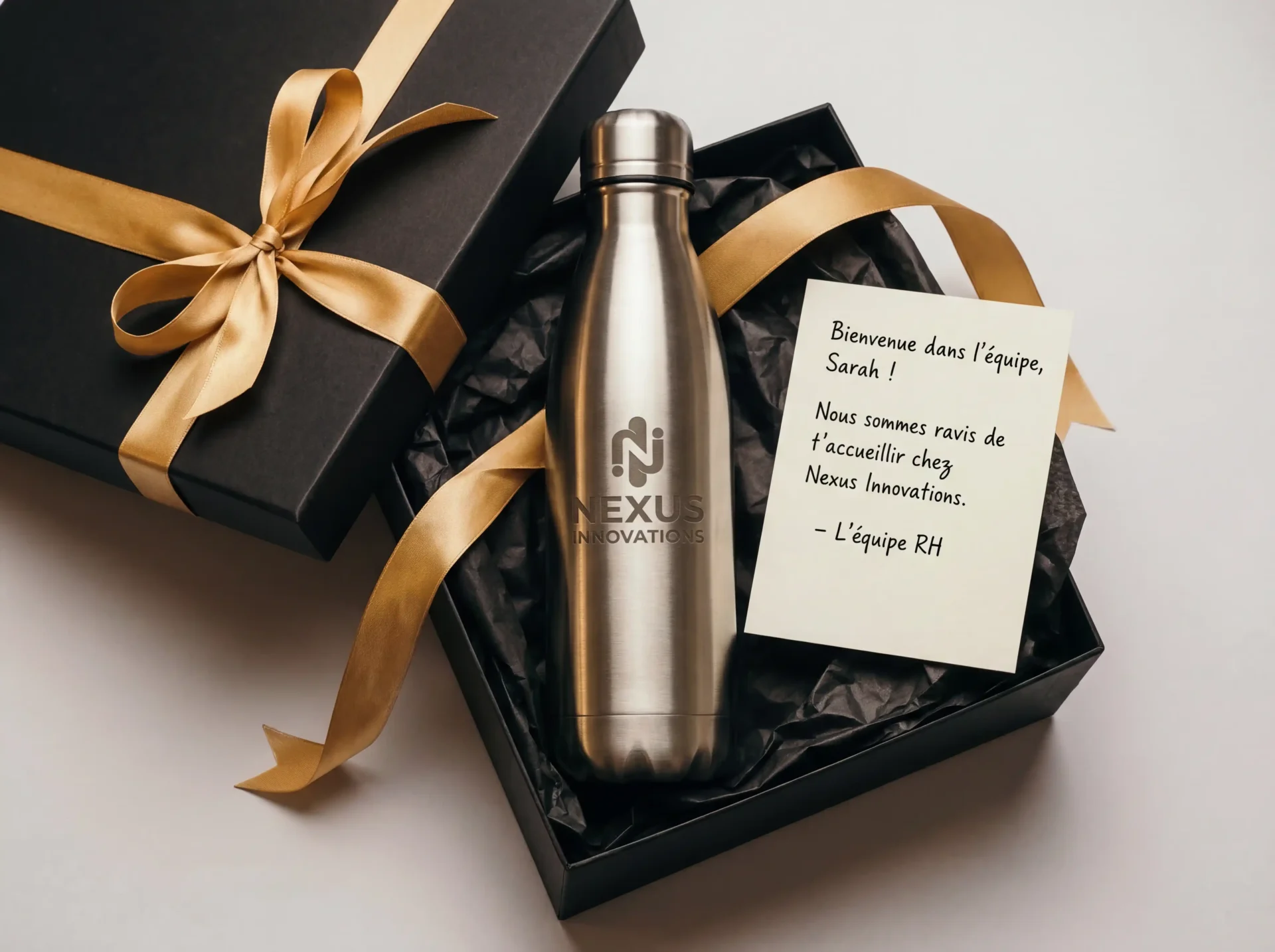 Gourde personnalisée entreprise : le guide complet 2026 5 Gourde isotherme acier brossé Balzeo dans une boîte cadeau noire mate ouverte avec ruban doré, emballage premium cadeau client entreprise fin d'année
