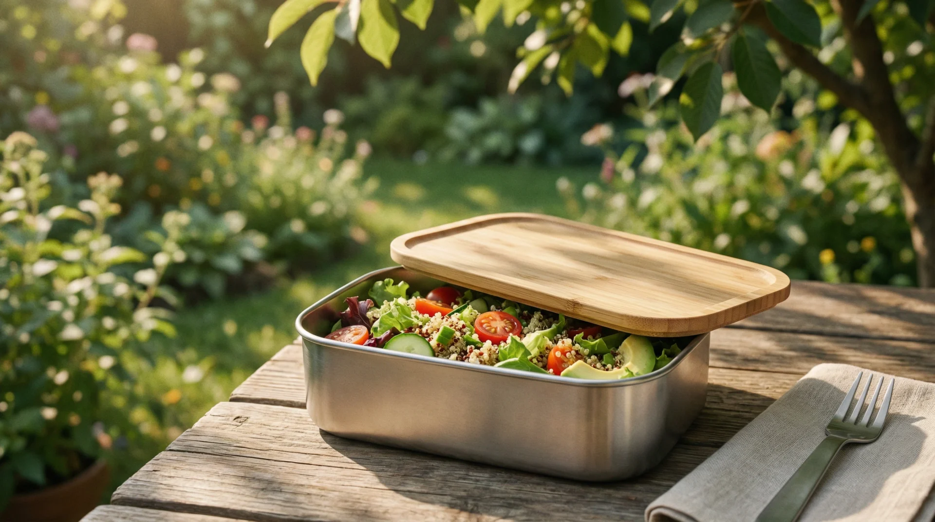 Top 10 des cadeaux écologiques utiles et durables 4 Une boîte repas en acier inoxydable avec un couvercle en bambou, disposée sur une table de jardin pour un déjeuner au soleil.