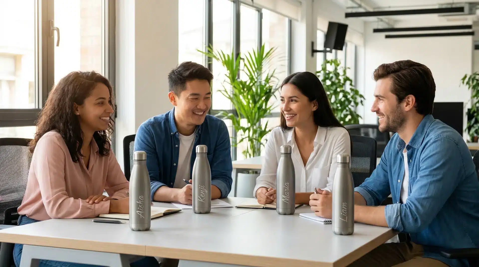 Collaborateurs souriants dans un open space moderne, chacun avec une gourde isotherme personnalisée Balzeo sur son bureau