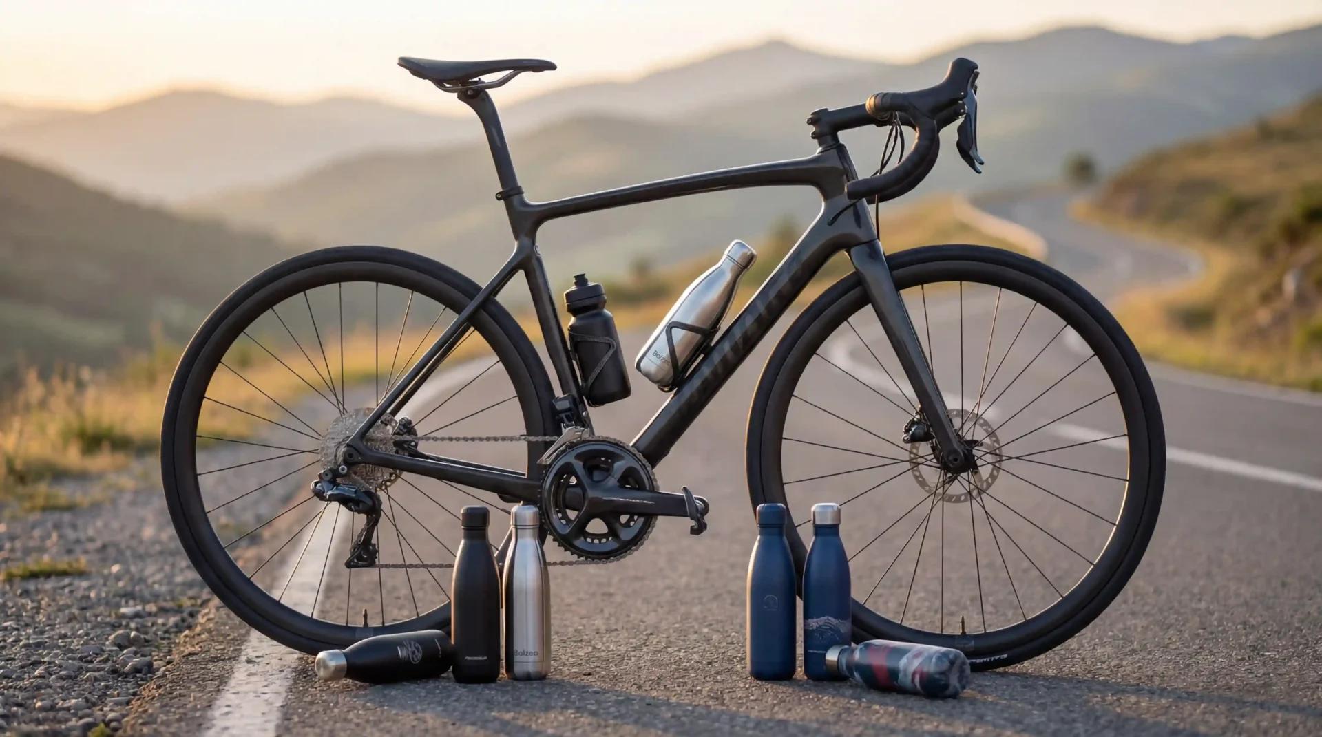 Un vélo sur une route avec plusieurs gourdes de marques différentes en évidence